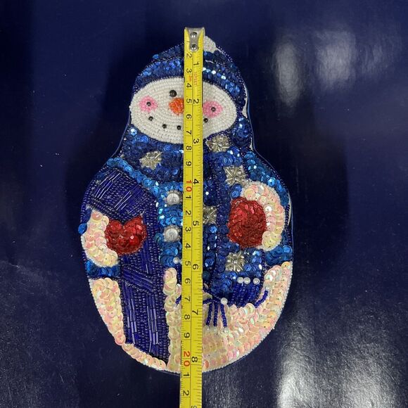 Vintage Satin‎ Beaded CHRISTMAS SNOWMAN Blue GIFT Trinket Candy Jewelry Box -D10 - Picture 6 of 7